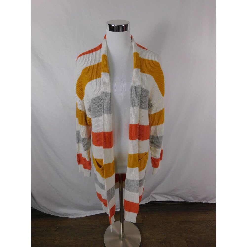Multicolor Striped Open Front Cardigan S Long Sleeve Pockets Knit Cozy